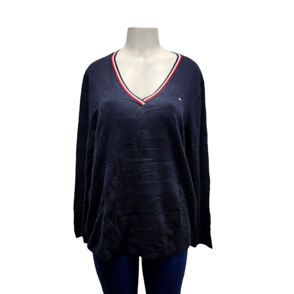 Tommy Hilfiger Women V-neck Sweater Long Sleeve Cotton Navy Size XXL New